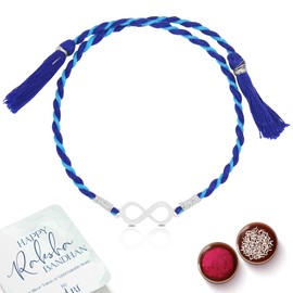 ZULRI 92.5 - Hilo azul infinito de plata pura para Rakshabandhan con Roli (Kum Kum) y Chawal, Adjustable, Plata