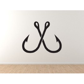 Crossed Fishing Hook Sport Fisherman Boating Bass Trout - 45" Black Wall Vinyl Decal Decorative