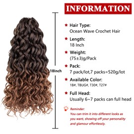 Ocean Wave Crochet Hair 7packs Boho Style Hawaii Curly Ombre Brown Crochet Braids Beach Curl Synthetic Braiding Hair for Black Women Extensions (18 Inch, T30)