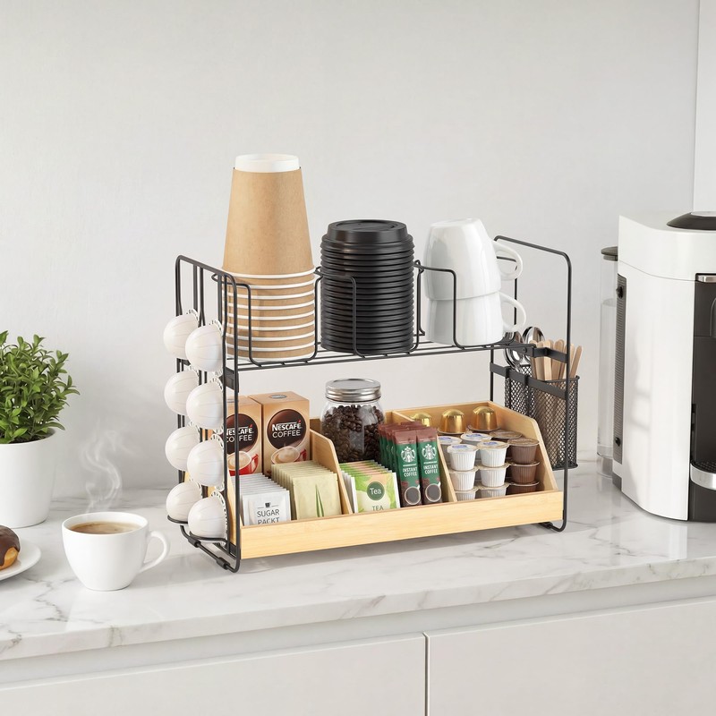 CACHOLIV Coffee Station Organizer for Countertop - Bamboo Bar Organizer