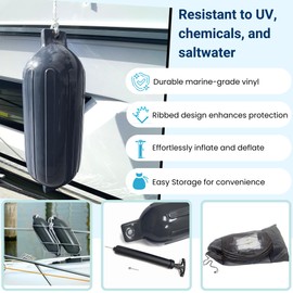 Savvycraft Boat Fender Bumper for Docking, 4 Pack Inflatable Ribbed Boat Fenders with Fender Lines and Air Pump, G Type- Ribbed Fender 4.5"x16" Black Color