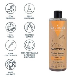 VALQUER Happy Pets Shampoo Premium para Perros y Gatos de Pelo Rizado | Hidrata, Suaviza y Define el Pelaje | con Vitamina B5 y Aceite de Pepita de UVA | 400 ml