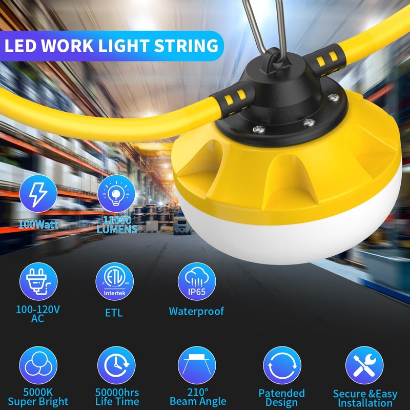 Guntsous 100FT LED Construction String Lights, 100W 11000LM, 10 Sockets,