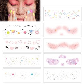 Fssqii 9 Sheets Face Temporary Tattoos for Girl Women Cute Freckle Heart Stars Makeup Fake Tattoo Stickers Waterproof Body Beautiful Tattoos for Kids Girls Party Favors Supplies Rave Decoration