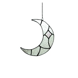 Moon Stained Glass Suncatcher for Window Hangings, Handcrafted Art Glass Crescent Moon Decorations Indoor Window for Living Room Bedroom (Silver)