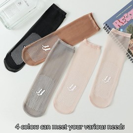 SamHeng 4 Pairs Women's Ankle High Pop Socks, Ultra Thin Invisible Crystal Silk Socks, Anti-slip Bottom Transparent Ankle High Hosiery Socks Silky Breathable Hosier Summer Nylon Sheer Socks