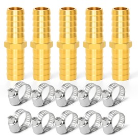 GASHER Pack of 5 Brass Hose Barb Reducer, 10 mm to 10 mm Barb Hose ID with 10 Hose Clamp, Brass Barb Reducer Splicer Fitting Fuel/Air/Water/Oil/Gas/WOG
