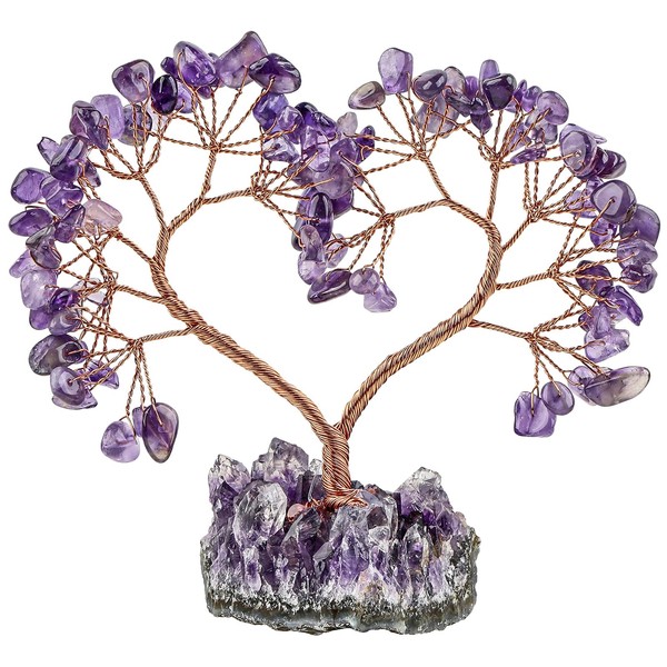 TUMBEELLUWA Crystal Stones Money Tree with Natural Amethyst Cluster Base Handmade Heart Love Figurine Bonsai Tree for Good Luck and Wealth, Amethyst