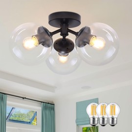 Bagood 3 Light Modern Black Semi Flush Mount Ceiling Light Clear Glass Globe Ceiling Lights Mid Century Brass Chandelier 3 Light Sputnik Ceiling Light Fixture for Bedroom Hallway Entryway Living Room