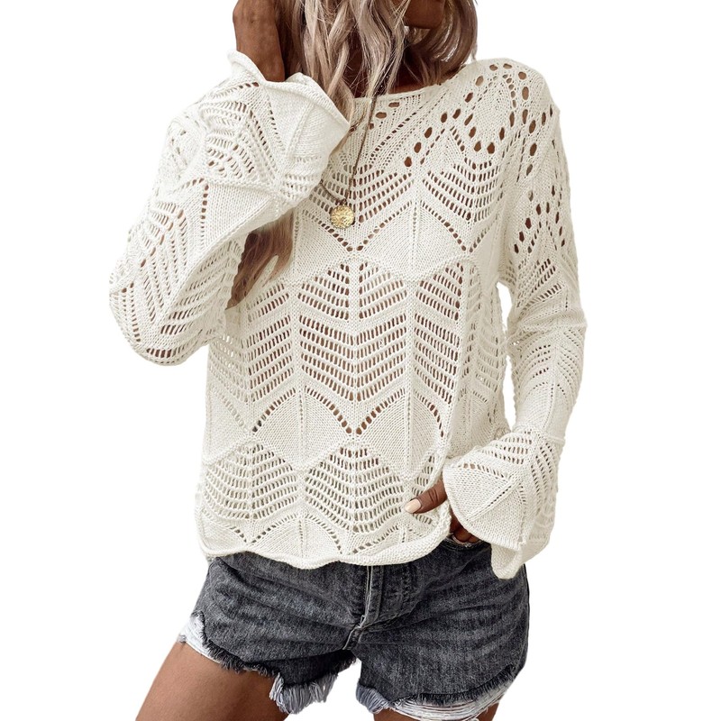 GORGLITTER Damen Strickpullover Elegant Langarm Häkelpullover Lässige Rundhals Pullover Stricken