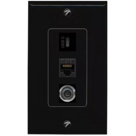Wall Plate City 3 Port 3-5MM CAT6 USBC Wall Plate Black DecorZ