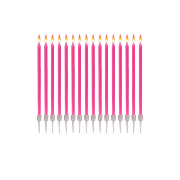 16 Candele di Compleanno Lungo Sottile con Supporti - Dimensioni 12 cm x 0,5 cm - Colore Rosa Fucsia