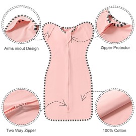 QUENESS Transitional Swaddle Sack, 2 Pack 100% Cotton Baby Sleep Sack with Arms Up, 2-Way Zipper Infant Swaddle Up for Newborn Baby Boys Girls (Pink + Beige, M(3-6 Months))