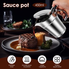 Double Insulated Gravy Boat, 450ml/15.2oz Gravy Jug with Hinged Lid, Stainless Steel Portable Gravy Warmer Pitcher for Family Dinner, Thanksgiving, Christmas, Birthday Party (Silver)