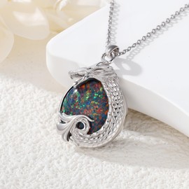 925 Sterling Silver Dragon - themed Large Opal Pendant Necklace for Women