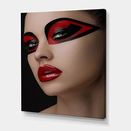 DesignQ Red Lips Black Makeup On The Eyes of Mask Women Modern Canvas Wall Art