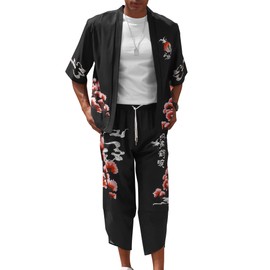 ABEWIP Men's Japanese Kimono Set Chinese Style Printed Open Front Cardigan and Pants Stylish Loose Casual Coat Suits Black S
