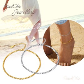 FindChic Gold Anklets for Women 18K Gold Plated 8.5''-10.5'' Adjustable Ankle Link Box Chains Beach Foot Jewelry