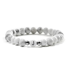 BERGERLIN Letter Bracelet in White – Partner Bracelet with Real 6 mm Natural Stone Beads – with Certificate of Authenticity, Magnesite