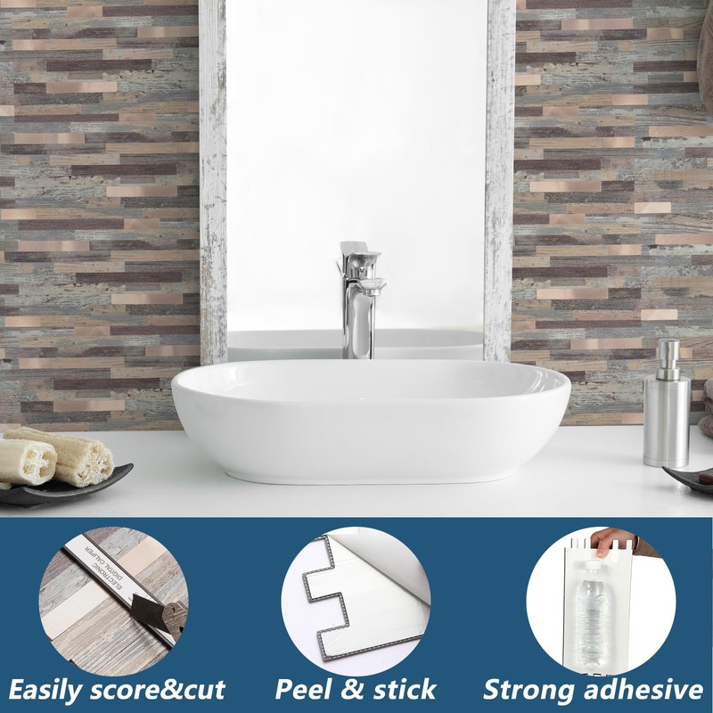 Yipscazo 40 Sheets Peel and Stick Stone Metal Backsplash Tiles,