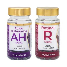 Juveternal Duo Cápsulas Faciales Retinol Cápsulas Faciales Acido Hialuronico 90 caps c/u Renovación celular Antimanchas Antiedad Hidrata Reafirma y Retexturiza la piel