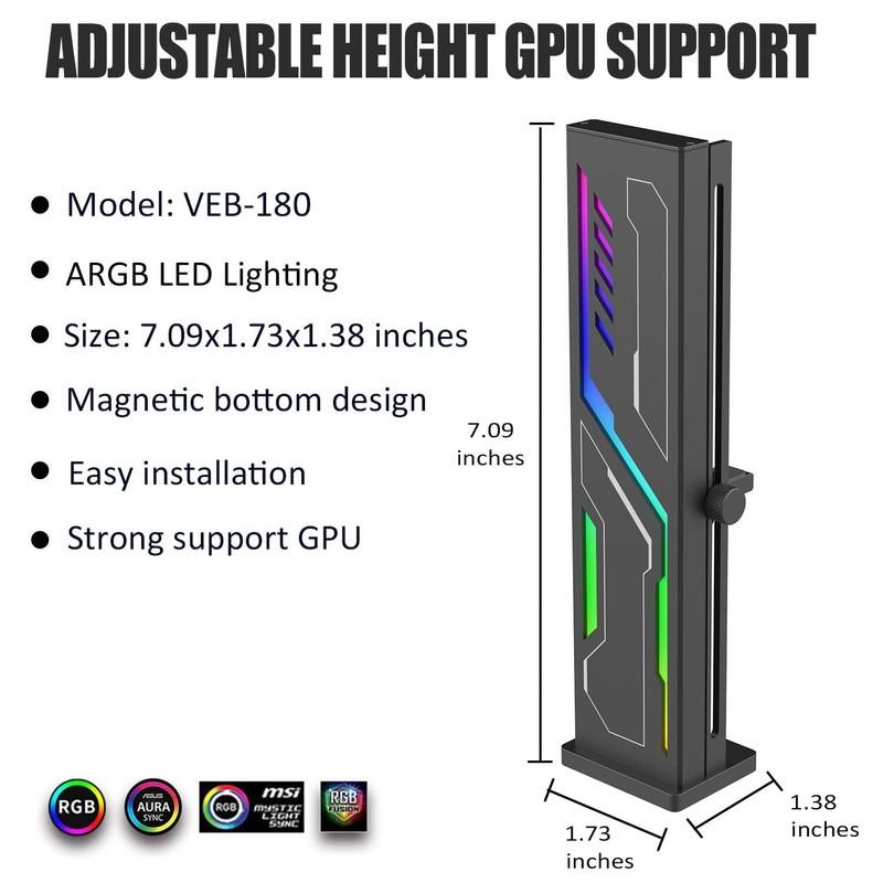 Black Graphics Card Support Bracket ARGB VE180-Black, GPU Stand Brace