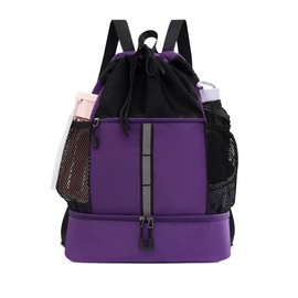 U.helper Waterproof Gym Drawstring Backpack, Sports Sack with Shoes Compartment & Wet Pockets for Ball/Beach/Swim Training, Purple, Large, Sports Drawstring Backpack