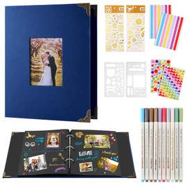 DazSpirit Ring Binder Photo Album, Photo Album for 160 Pictures, Refillable Scrapbook Photo Book with 30 Pages, Includes 10 Metallic Colour Markers, Guest Book for Birthday and Wedding (Blue)