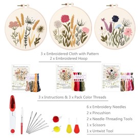 YINVA Embroidery Set Beginners, 2023 Floral Pattern Plants Cross Stitch Kit Starter Tools Kit with 2 Pieces Plastic Embroidery Hoops, Colour Threads and Tools, for DIY Art, Crafts, Embroidery (Pink)