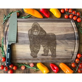 Gorilla Mandala-Patterned Walnut Board, 16.75x10 in: Prominent Face Detail, Wildlife Kitchen Accessory, Durable, Artistic.