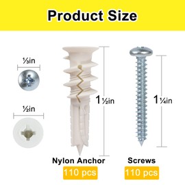 220pcs Drywall Anchors and Screws Kit, Including 110 Expansion Wall Anchors and 110#8 X 1-1/4" Self-Drilling Screws, Suitable for 75-Pound Hanging, Home Decoration, Picture Frame Hanging Nails.