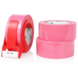 3 Rolls BOMEI PACK Pink Packing Tape with Dispenser, Heavy Duty Packaging Tape for Moving Shipping Sealing and Storage,1.8Mil Thick, 3 Rolls 1.88 Inch x 50 m,Total 150m