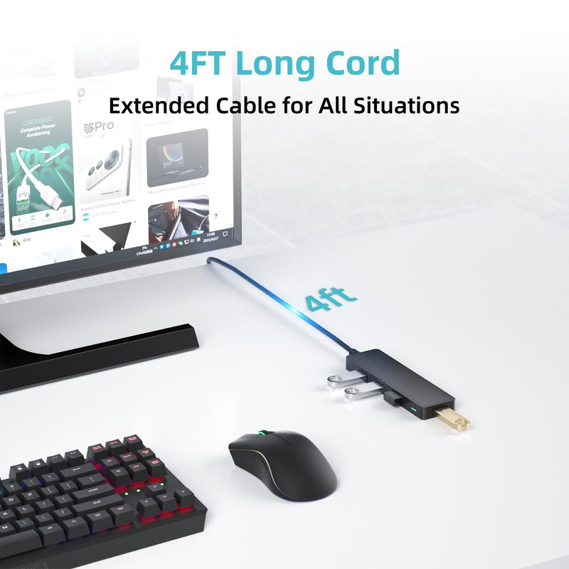 MEANHIGH USB Hub, 3.0 4-Port Ultra-Slim Data USB Expander with