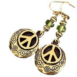 Etched Gold Peace Sign with Green Bead Earrings. Jewelry Earrings for Women #3298FE3484
