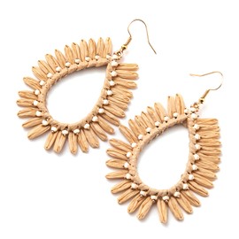Boho Raffia Teardrop Earrings for Women - Handmake Statement Drop Dangle Earrings, Summer Beach Vacation Jewelry (Nature Brown)