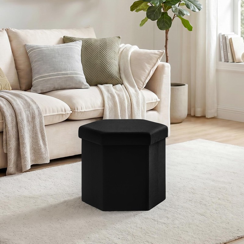 PINPLUS Linen Hexagon Storage Ottoman, Foldable Fabric Footstool with Lid,