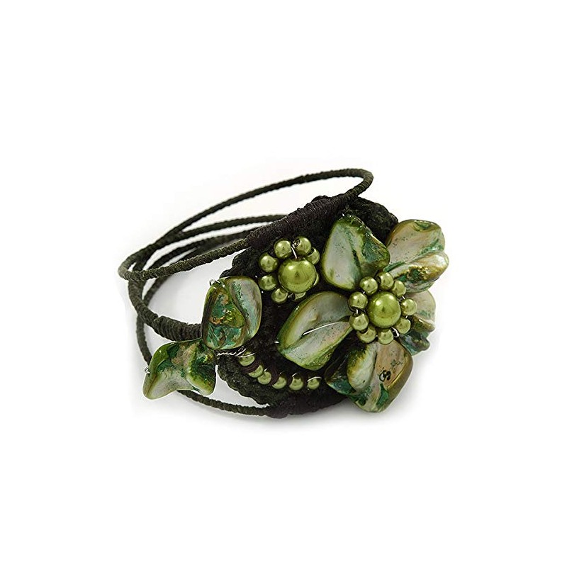 Avalaya Olive/Green Shell Bead Flower Wired Flex Bracelet - Adjustable