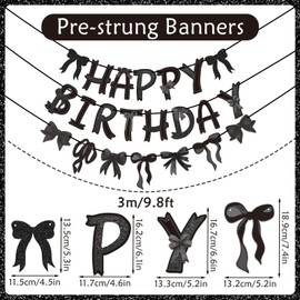 Homarkable Pre-strung Black Bow Birthday Decorations, Black Coquette Party Decorations, Bow Party Supplies Include Happy Birthday Banner, Bow Garland Banner for Girls