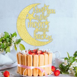 Auteby Decoración para tartas Love You To The Moon and Back – Decoración para tartas con purpurina dorada para bodas y fiestas