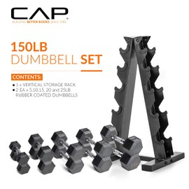 CAP Barbell 150 LB Coated Hex Dumbbell Weight Set with Vertical Rack, Yellow, New Edition