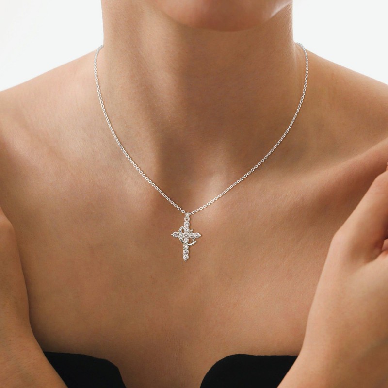 Tewiky Silver Crown Cross Necklace for Women Faith Jewelry Gift