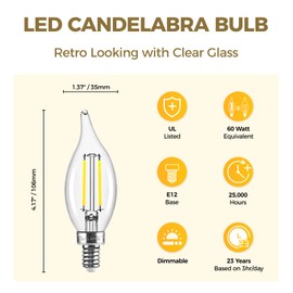 Hizashi E12 Candelabra Bulb 60 watt Equivalent, 5000K Daylight White, E12 LED Bulb Dimmable, 90+ CRI 6W 550LM, Chandelier Light Bulbs CA11 Flame Tip Candle, UL Listed, 24 Pack