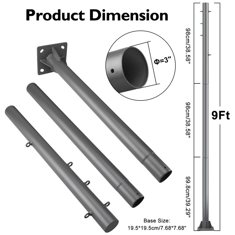 BRILLIHOOD 9Ft Outdoor Sun Shade Sail Pole, 3" Diameter Shade