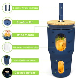 Tronco 32oz Glass Tumbler with Time Marker and Silicone Sleeve, Reusable Ice Coffee Cup with Straw and Lid, Smoothie Cup Tea Cup, Fits Cup Holder (Skyblue)