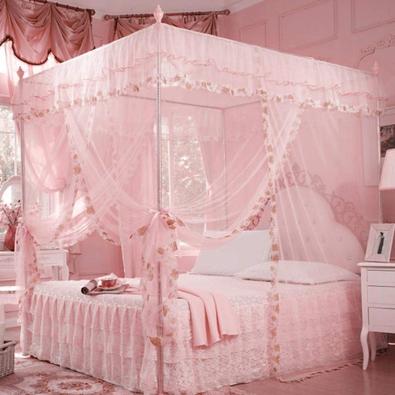 Mosquito Net, Luxury Princess 3 Side Openings Post Bed Curtain