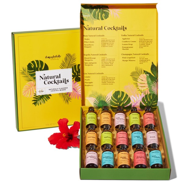 Thoughtfully Cocktails, Natural Cocktail Mixer Gift Set, 15 Classic Flavors Include Mojito, Pina Colada, Peach and More, Set of 15, Contains NO Alcohol