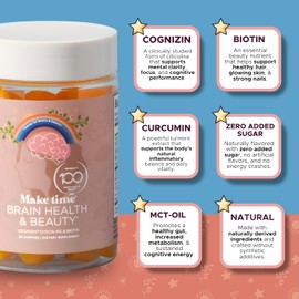 MAKE TIME Brain & Beauty Gummies – Cognitive Support with Cognizin Citicoline & Biotin for Focus, Clarity, & Radiant Hair, Skin & Nails – Sugar-Free, Delicious Blueberry Flavor (60 Gummies)