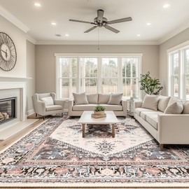 BESTSWEETIE 9x12 Area Rugs for Living Room Washable Non Slip Carpet Low Pile Soft Vintage Print Pattern Rug for Bedroom Dining Room Kitchen Entryway Indoor-Khaki/Beige/Purple/Black/Brick