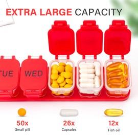 Extra Large Weekly Pill Organizer - Waterproof 7-Day Pill Box, Portable Vitamin & Supplement Case, Easy to Open Design, Ideal for Travel a nd Daily Medication Management (Red)