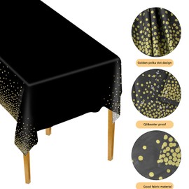 Jinlaili Pack of 2 Tablecloths, 137 x 274 cm, Gold Dot Tablecloth, Reusable, Tablecloth, Party, Birthday, Wedding Tablecloth, Plastic Tablecloths, Table Cloths, Oilcloth Tablecloth, Washable (Black)
